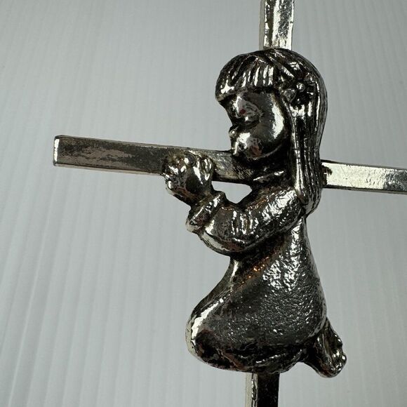 Silver Tone Hanging Nursery Wall Cross With Praying Girl On Knees 6” - Picture 10 of 13